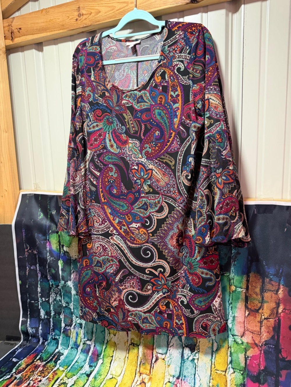 Vibrant Paisley Long Sleeve Shift Dress - Multicolor XL